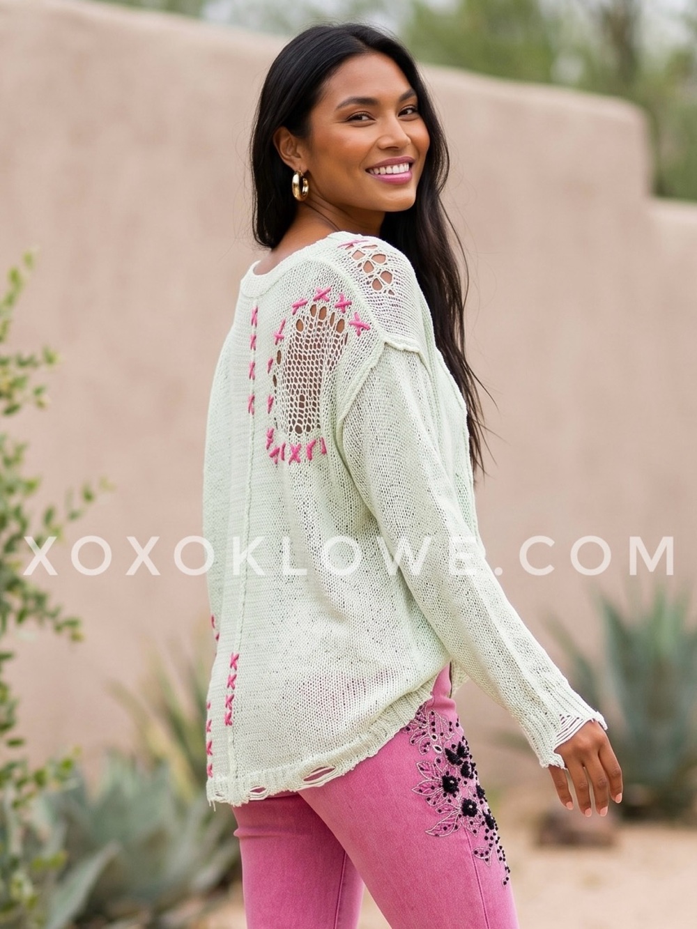 POL Mint Green Open Knit Sweater | Pink Whipstitch Slouchy V Neck Distressed - Picture 4 of 11